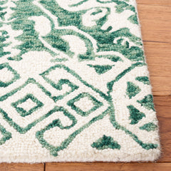 Area Rug, 8 x 10 ft Wool Damask in Dark Green and Ivory