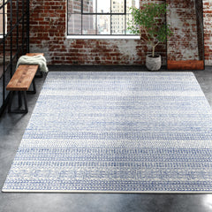 Area Rug, 8 x 10 Ft, Wool with Dark Blue/Oatmeal/Light Beige/Light Gray