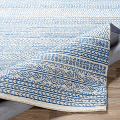 Area Rug, 8 x 10 Ft, Wool with Dark Blue/Oatmeal/Light Beige/Light Gray