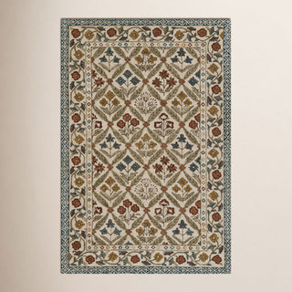Area Rug, 8 x 10 ft, Wool with Floral Pattern in Brown, Beige and Blue