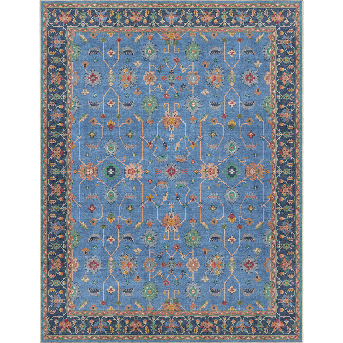 Area Rug, 9'10" X 13', Blue Polyester with Floral Pattern