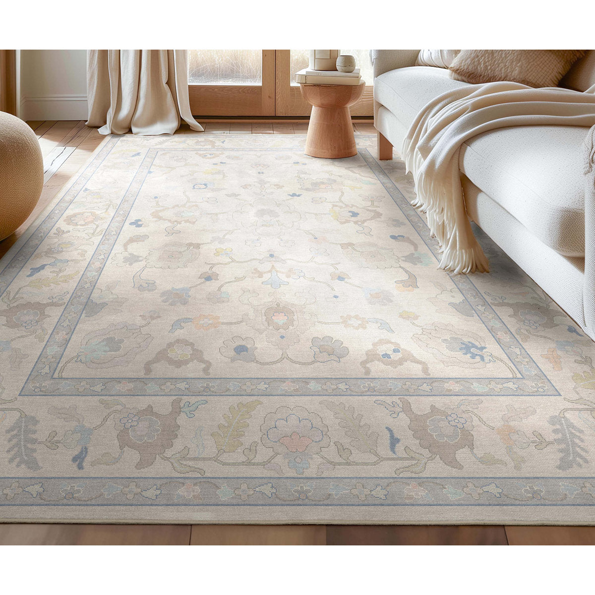 Area Rug, 9'10" x 13', Cream Floral Polyester with Non-Slip Backing