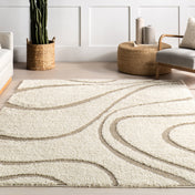 Area Rug, 9'2" x 12', Cream/Ivory Shag with Abstract Pattern