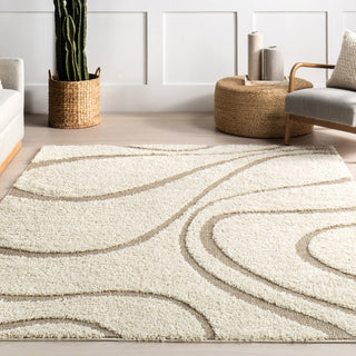 Area Rug, 9'2" x 12', Cream/Ivory Shag with Abstract Pattern