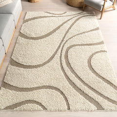 Area Rug, 9'2" x 12', Cream/Ivory Shag with Abstract Pattern