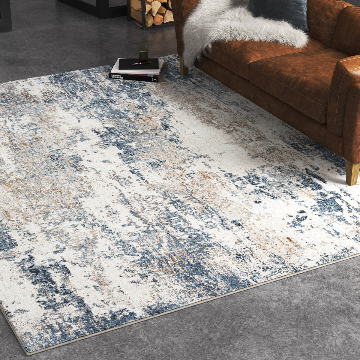 Area Rug, 9'2" X 12', in Ivory/Blue/Tan Abstract Pattern