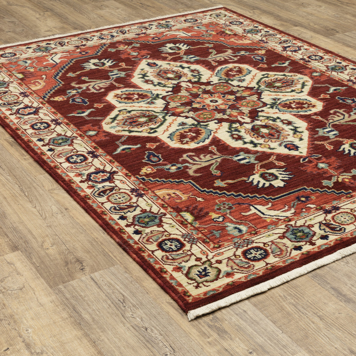 Area Rug, 9 ft 10 in x 12 ft 10 in with Red and Ivory Oriental Pattern