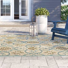 Area Rug, 9 Ft 3 In x 12 Ft 9 In with Ivory and Blue Geometric Pattern