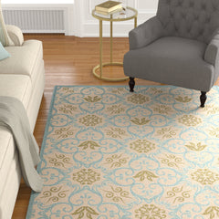 Area Rug, 9 Ft 3 In x 12 Ft 9 In with Ivory and Blue Geometric Pattern