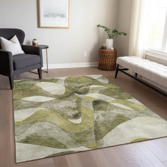 Area Rug, 9 Ft by 12 Ft, Olive with Abstract Pattern