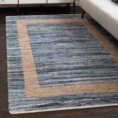 Area Rug, 9 ft x 12 ft, Blue with Cotton and Jute