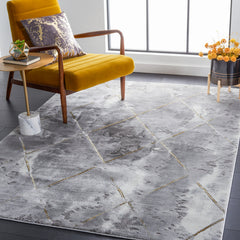 Area Rug, 9 Ft x 12 Ft, Gray and Gold with Geometric Pattern