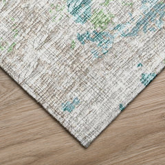 Area Rug, 9 Ft x 12 Ft, Green and Beige Polyester with Non-Slip Backing