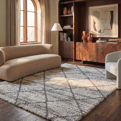 Area Rug, 9 ft x 12 ft in Beige and Gray with Geometric Pattern