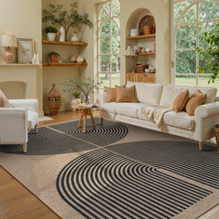 Area Rug, 9 ft x 12 ft in Beige with Double Rainbow Pattern