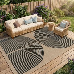 Area Rug, 9 ft x 12 ft in Beige with Double Rainbow Pattern