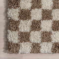 Area Rug, 9 Ft x 12 Ft in Brown and White Checkered