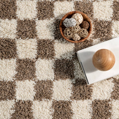 Area Rug, 9 Ft x 12 Ft in Brown and White Checkered