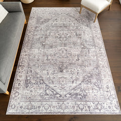 Area Rug, 9 Ft x 12 Ft in Gray Machine Washable Polyester