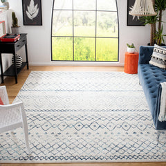 Area Rug, 9 ft x 12 ft in Ivory and Navy Geometric Pattern