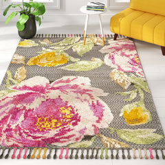 Area Rug, 9 ft x 12 ft in Pink and Black Floral Pattern