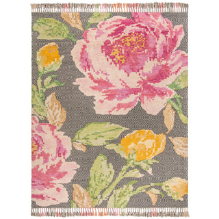 Area Rug, 9 ft x 12 ft in Pink and Black Floral Pattern