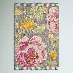 Area Rug, 9 ft x 12 ft in Pink and Black Floral Pattern