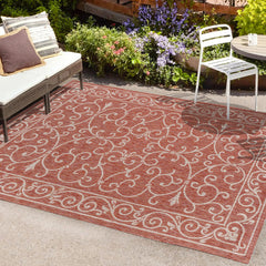 Area Rug, 9 ft x 12 ft in Red and Beige Polypropylene