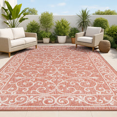 Area Rug, 9 ft x 12 ft in Red and Beige Polypropylene