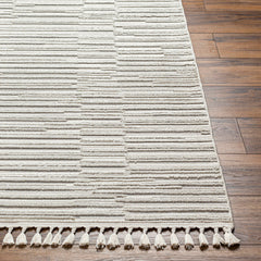 Area Rug, 9 ft x 12 ft in White and Cream Striped Polyester