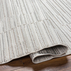 Area Rug, 9 ft x 12 ft in White and Cream Striped Polyester