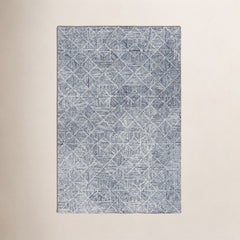 Area Rug, 9 Ft x 12 Ft, Ivory and Blue Geometric Wool Blend