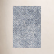 Area Rug, 9 Ft x 12 Ft, Ivory and Blue Geometric Wool Blend