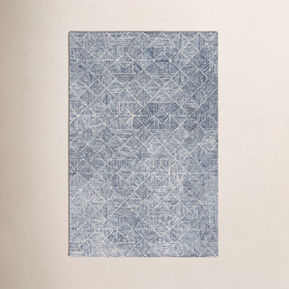 Area Rug, 9 Ft x 12 Ft, Ivory and Blue Geometric Wool Blend