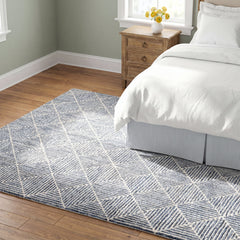 Area Rug, 9 Ft x 12 Ft, Ivory and Blue Geometric Wool Blend
