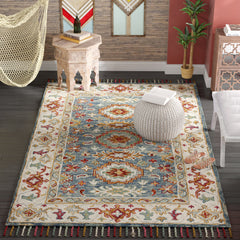 Area Rug, 9 ft x 12 ft, Ivory and Blue Wool