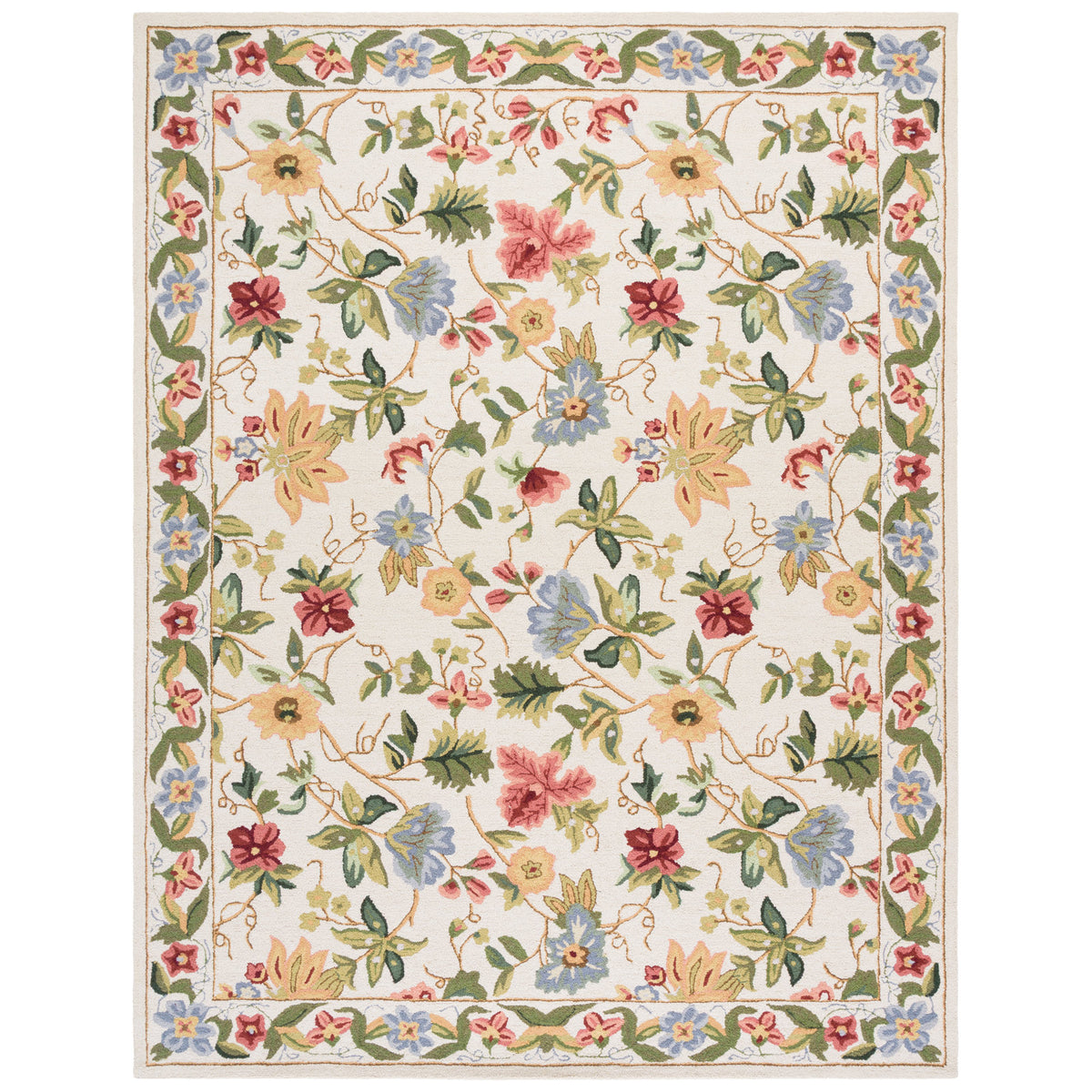 Area Rug, 9 ft x 12 ft, Ivory Hand Hooked Wool with Floral Pattern
