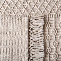 Area Rug, 9 ft x 12 ft, Ivory Hand-Woven Wool with Fringe
