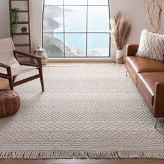 Area Rug, 9 ft x 12 ft, Ivory Hand-Woven Wool with Fringe