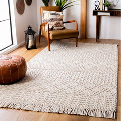 Area Rug, 9 ft x 12 ft, Ivory Hand-Woven Wool with Fringe