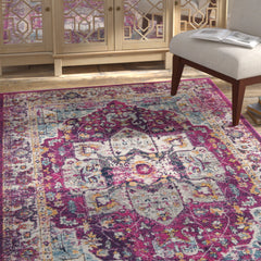 Area Rug, 9 ft x 12 ft with Fuchsia and Ivory Oriental Pattern