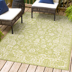 Area Rug, 9' x 12', Cream and Green Polypropylene with Floral Pattern