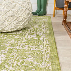 Area Rug, 9' x 12', Cream and Green Polypropylene with Floral Pattern