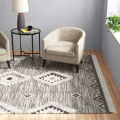 Area Rug, 9 x 12 ft, Black and Ivory Wool and Cotton with Fringe
