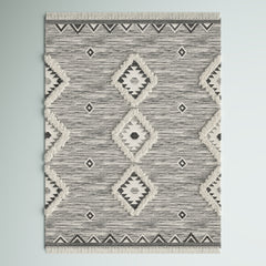 Area Rug, 9 x 12 ft, Black and Ivory Wool and Cotton with Fringe