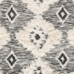 Area Rug, 9 x 12 ft, Black and Ivory Wool and Cotton with Fringe