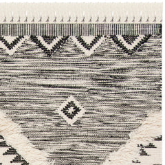 Area Rug, 9 x 12 ft, Black and Ivory Wool and Cotton with Fringe