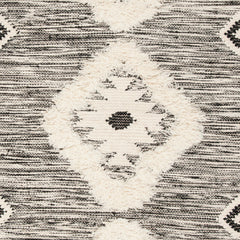 Area Rug, 9 x 12 ft, Black and Ivory Wool and Cotton with Fringe
