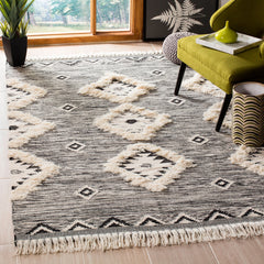 Area Rug, 9 x 12 ft, Black and Ivory Wool and Cotton with Fringe