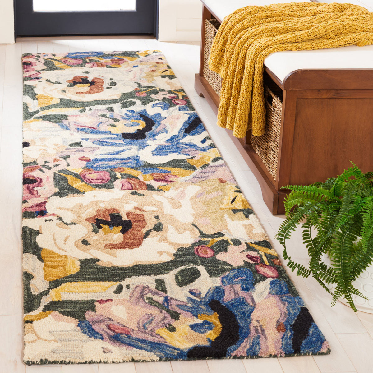 Area Rug, 9 x 12 ft, Floral Hand Tufted in Green and Ivory
